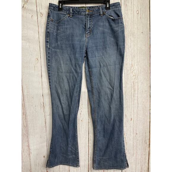 Eddie Bauer Bootcut Jeans Womens Size 12 Dark Blue Stretch Denim Side Slits - Picture 1 of 7